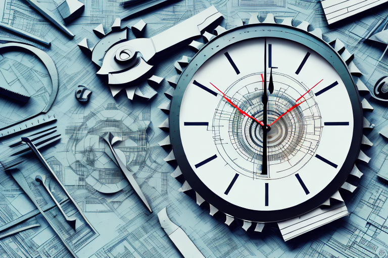 A construction site with various tools and a clock symbolizing urgency