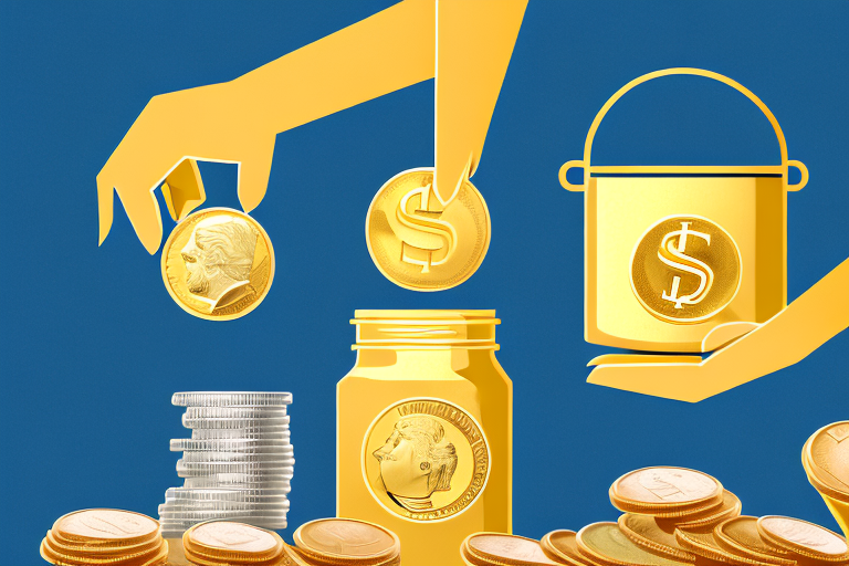 A golden retirement savings jar with a coin being dropped into it