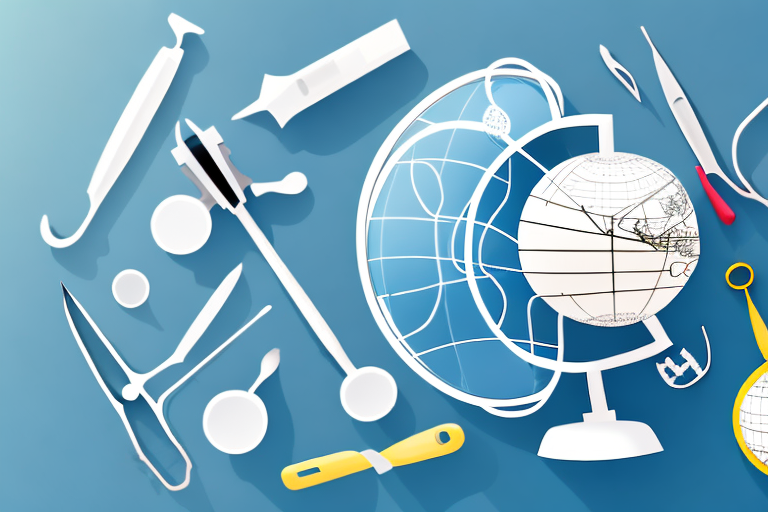 A surgeon's tools next to a globe with dotted lines indicating a journey from one country to another
