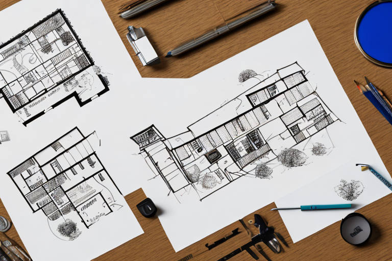 A variety of tiny house floor plans laid out on a table