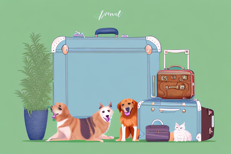 A variety of pets with suitcases and travel accessories standing outside a welcoming