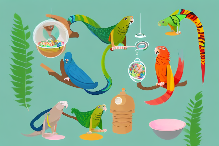 A variety of exotic pets such as a parrot