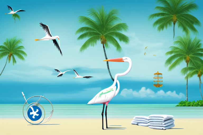A serene tropical beach setting with a symbolic stork flying overhead