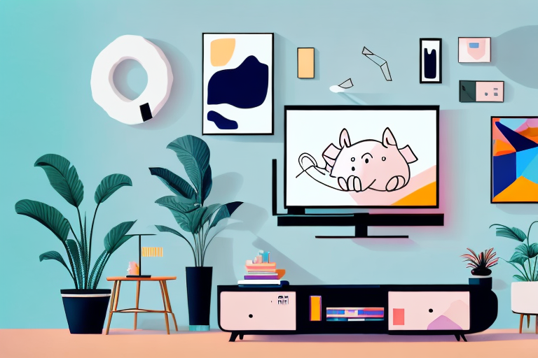 A cozy living room setting with a television displaying colorful