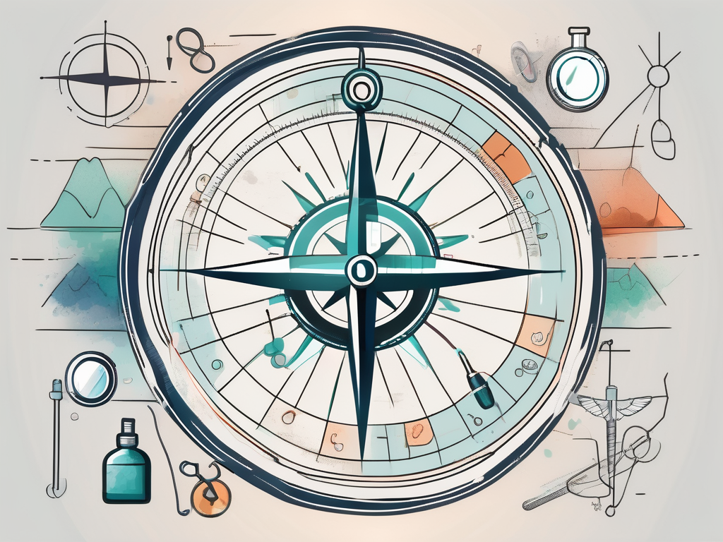 A navigational compass surrounded by medical symbols like a stethoscope