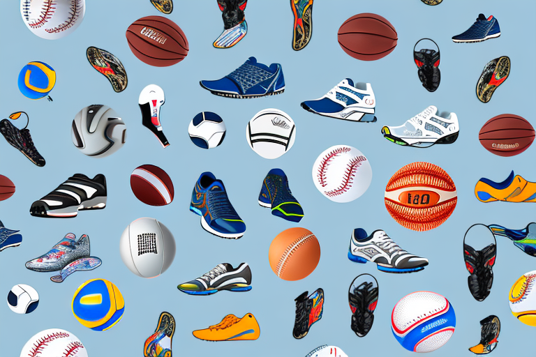 A bustling swap meet scene filled with various sporting goods like footballs