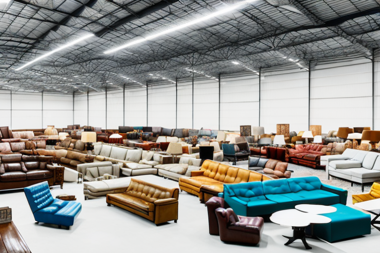A vast warehouse filled with various types of second-hand furniture like sofas