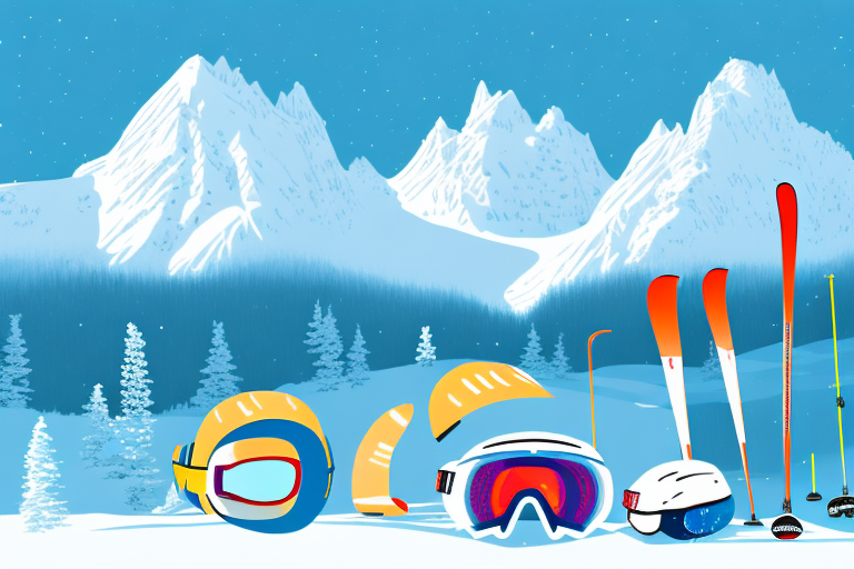 A snowy mountain landscape with a variety of ski equipment like skis