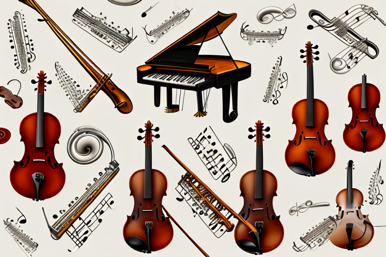 A variety of vintage musical instruments like a grand piano