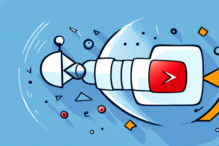 A youtube play button symbol being boosted upwards by a rocket