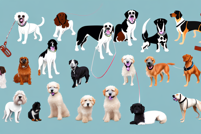 A variety of different breeds of dogs on leashes