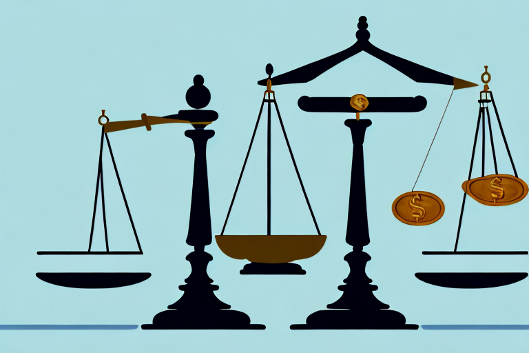 A balanced scale with money on one side and a gavel on the other
