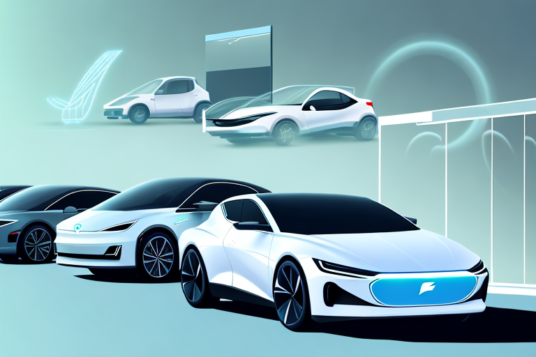 Several sleek electric vehicles parked in a serene