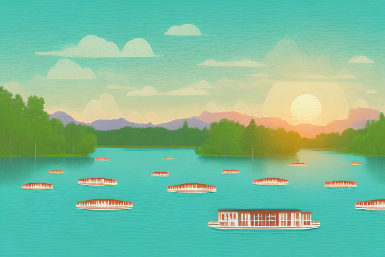 A peaceful lake with several different types of houseboats anchored near the shore