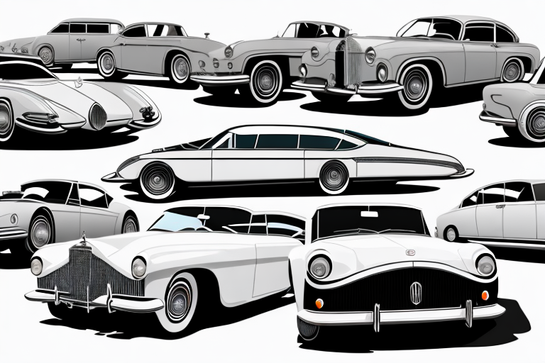 A collection of vintage luxury cars parked in a classic showroom