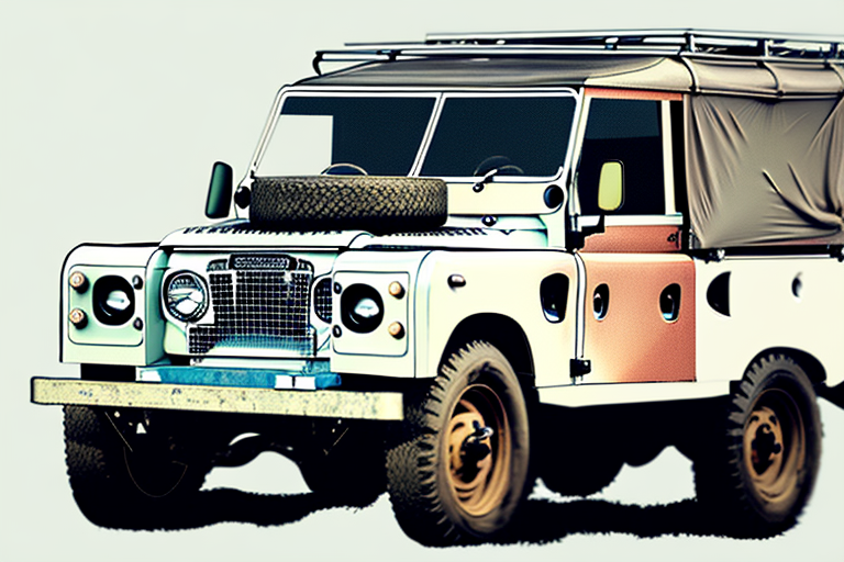 A vintage land rover partially disassembled with various restoration parts scattered around it