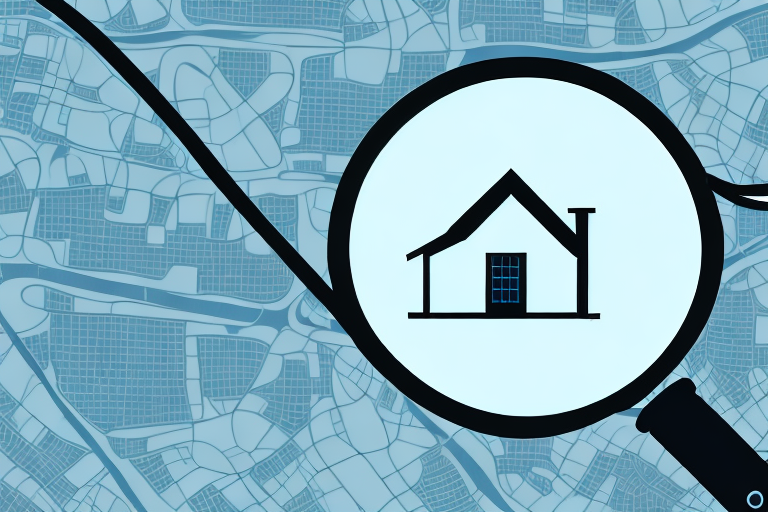 A magnifying glass hovering over a neighborhood with a few houses marked with a foreclosure sign