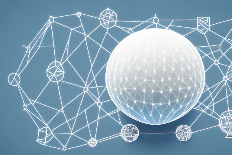 A digital globe interconnected with various symbols of law such as scales