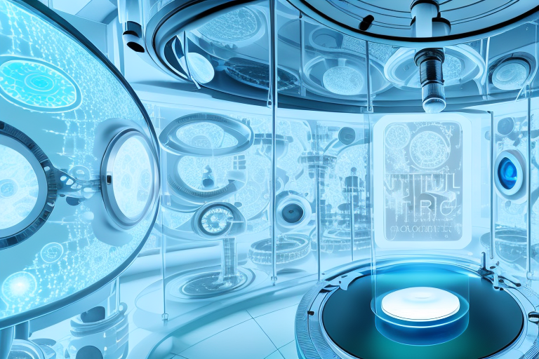 A futuristic laboratory setting with petri dishes
