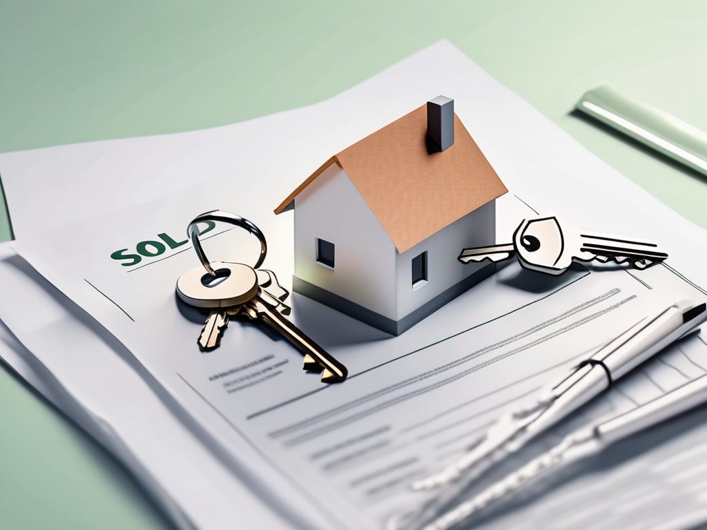 A house with a "sold" sign on the lawn and a key on top of a mortgage document