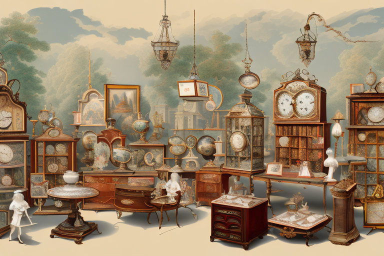A bustling antique fair featuring various antique items like vintage furniture