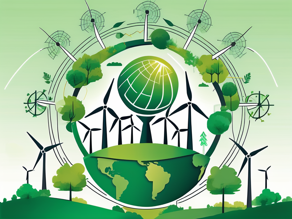 A globe surrounded by various symbols of renewable energy like wind turbines