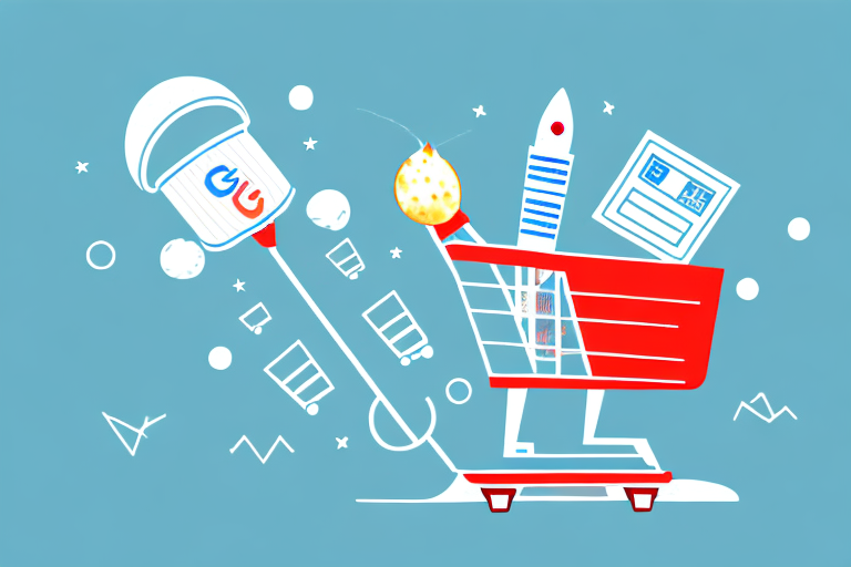 A shopping cart filled with various products and a rocket blasting off from it