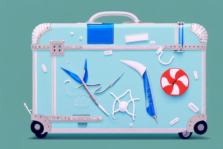 A suitcase filled with medical equipment like a scalpel
