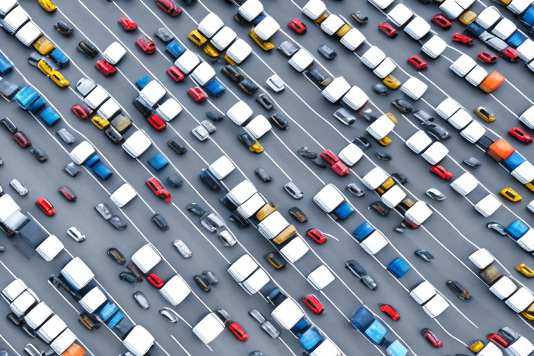 A large parking lot filled with rows of unsold trucks