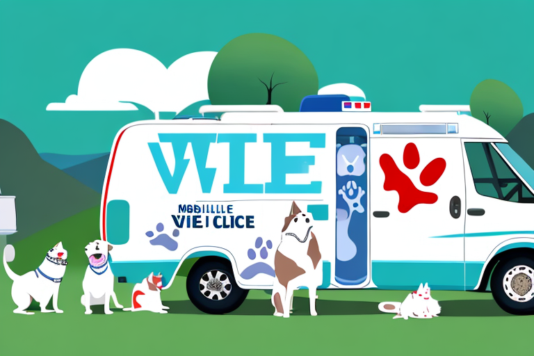 A mobile vet clinic van parked in a scenic outdoor setting with various pets like dogs and cats waiting in line