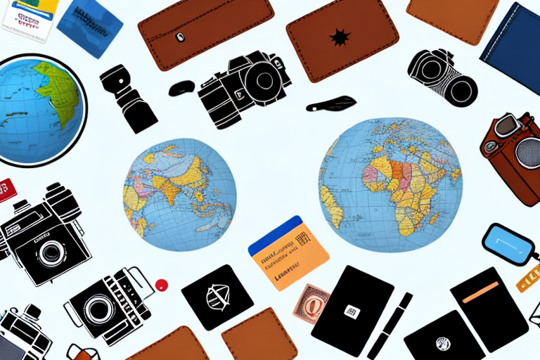 A globe surrounded by various travel essentials like a backpack