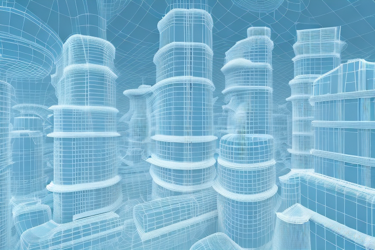 A futuristic construction site with various 3d holographic blueprints of buildings