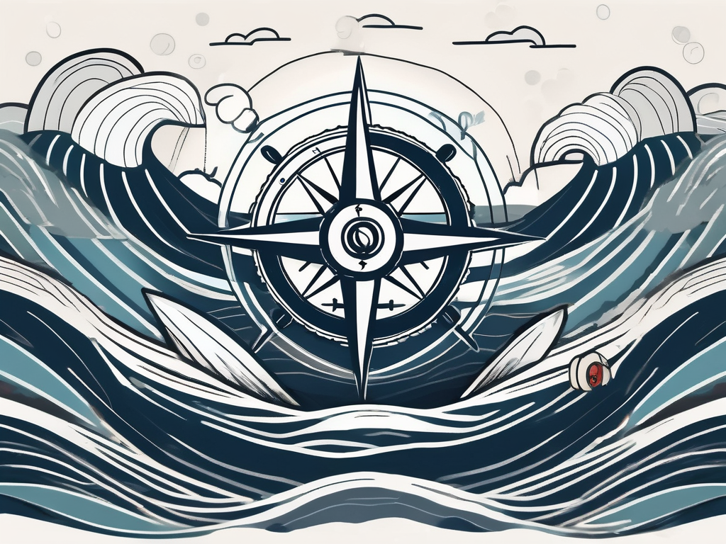 A stormy sea with a compass and a lifebuoy