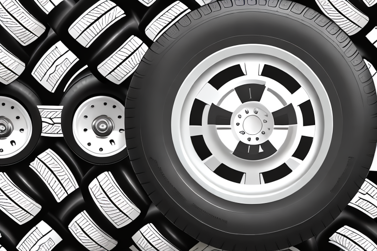 A stack of brand new tires with a price tag hanging off one