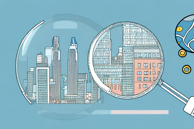 A cityscape with various local businesses highlighted