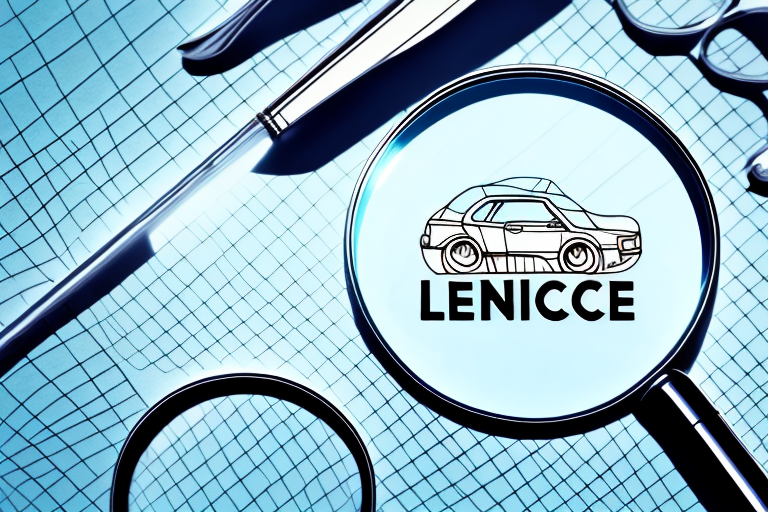 A magnifying glass hovering over a line of various car models