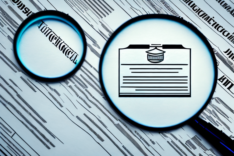 A magnifying glass hovering over a pile of legal documents