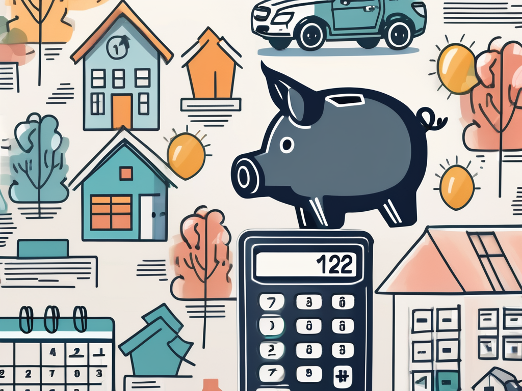 A piggy bank with a calculator and calendar