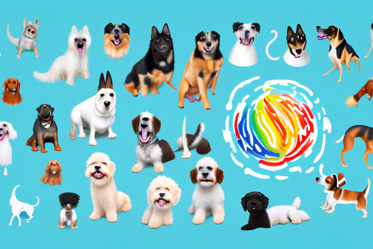 A variety of dogs of different breeds and sizes enjoying themselves in a large inflatable pool filled with water and floating toys